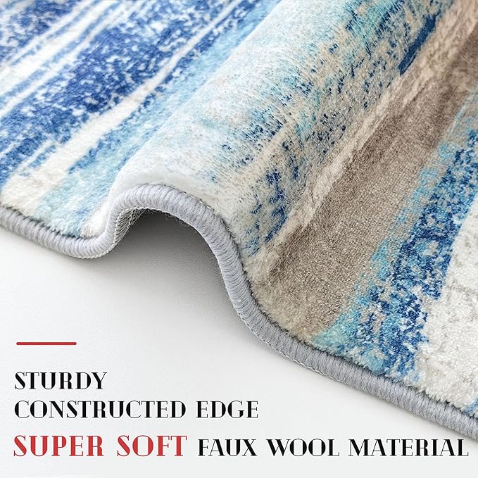 Abstract Runner Rug 2x6, Blue Washable Hallway Runner Rug Non-Slip, Soft Printed Kitchen Runner, Thin Faux Wool Runners for Hallways, Modern Floor Carpet for Entryway Bedroom Hall Indoor