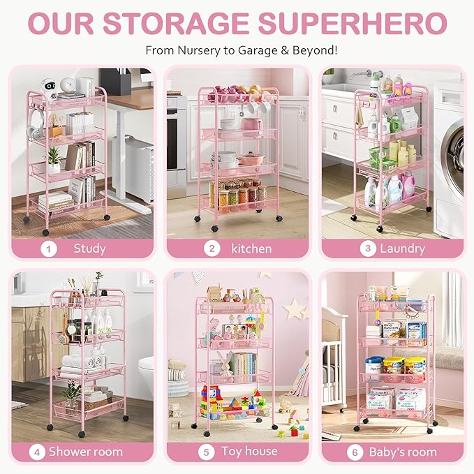 TOOLF 4 Tier Rolling Utility Cart - Durable Metal Design Pink Utility Cart, Storage Trolley on Wheels with 3 Hooks, Perfect for Kitchen, Bathroom & Laundry Room Organization