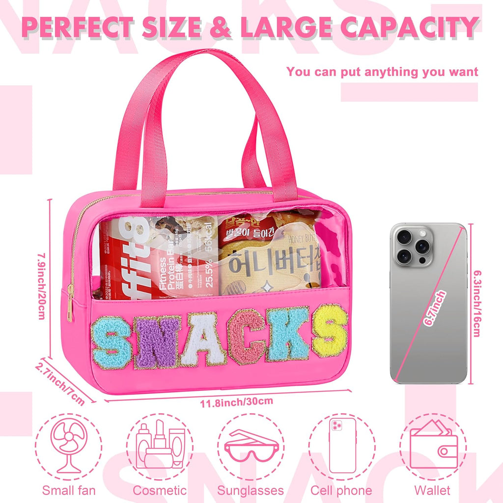 Snack Bag for Travel - Chenille Letter Clear Makeup Bag, Large Preppy Patch Snack Cosmetic Bag with Handle and Zipper, Cute Makeup Pouch Nylon&PVC Waterproof Toiletry Organizer Storage for Women Girls