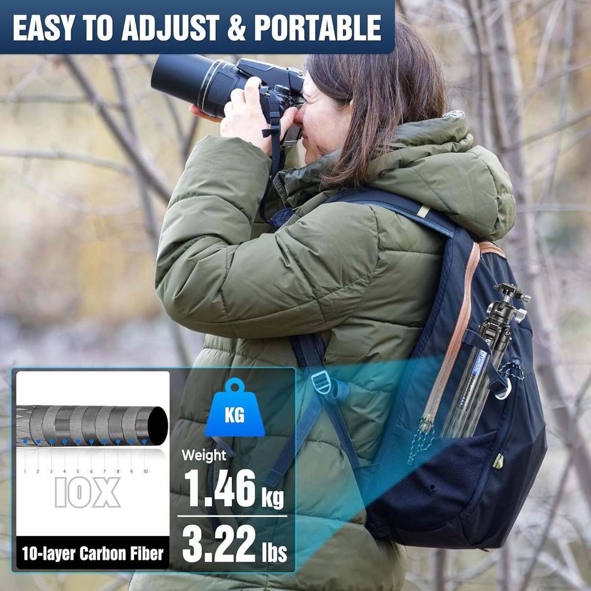 Carbon Fiber Tripod for Camera with 360° Panoramic Ball Head, 67" Compact Lightweight Travel Tripod for DSLR Video Camcorder, Max Load 10kg/22lbs