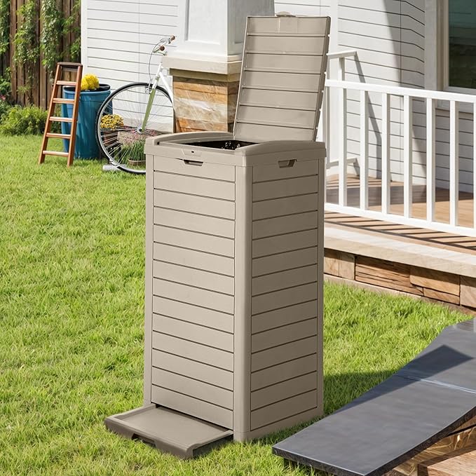 DWVO 38 Gallon Large Outdoor Trash Can, Waterproof Resin Hideaway Garbage Bin with Lid and Drip Tray, Outside Trash Bin for Porch, Backyard, Deck, Patio, Poolside, Easy to Clean, Taupe