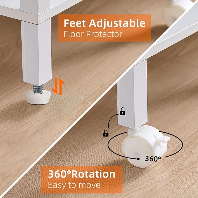 Lerliuo White 3 Tier Printer Stand with Storage, Printer Table for Home Office, Wooden Rolling Printer Cart Shelf with Lockable Wheels fit Fax Machine, Scanner