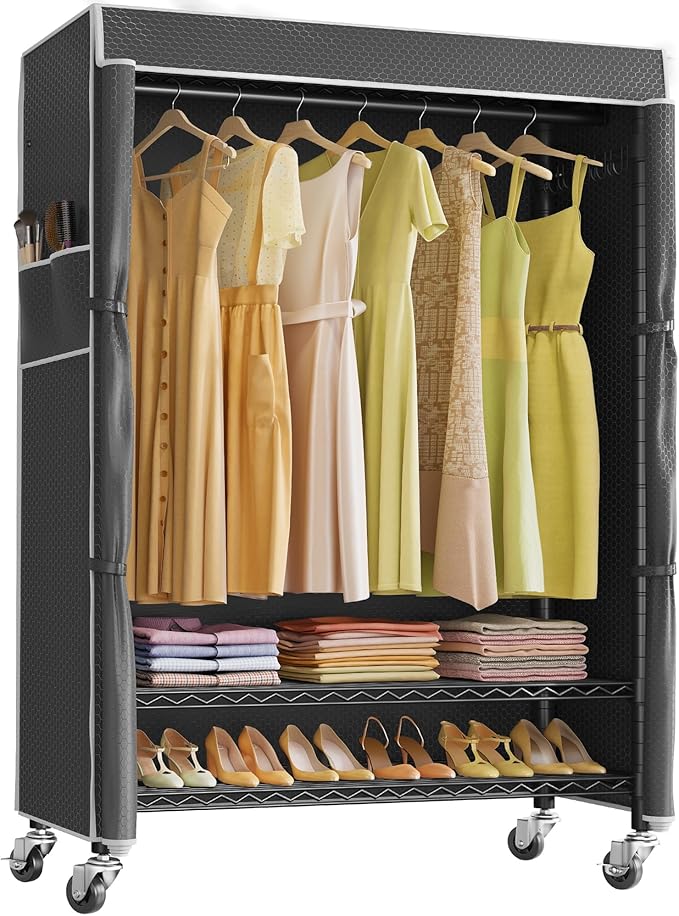 VIPEK R3C Plus Garment Rack - Rolling Clothes Rack with Locking Wheels, Heavy Duty Portable Closet with Adjustable Shelves & Side Hooks, Black