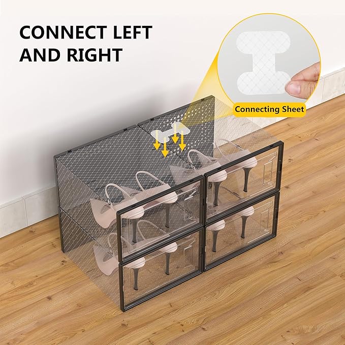 12 Pack XX Large Shoe Organizer Storage Boxes for Closet, Modular Space Saving Shoe Boxes Clear Plastic Stackable Sneaker Containers Display Case with Lids, Black