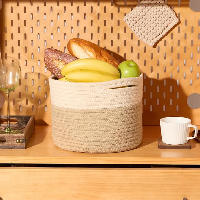Small Basket for Organizing | Cube Shelf Closet Storage Baskets | 9.7×9.7×7.1” | Woven Rope Gift Basket | Nursery | Round 3 Packs Tan