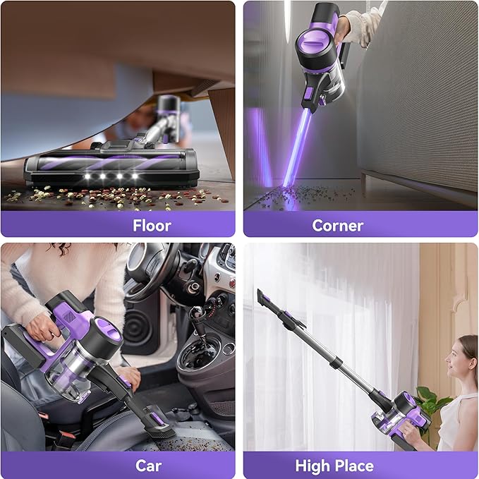 DEVOAC S10 Cordless Vacuum Cleaner, 45Kpa 50mins Lightweight Stick Vacuum with Powerful Suction for Home, Rechargeable, Self-Standing, Handheld Vacuum Cleaners for Hardwood Floors, Carpets Violet