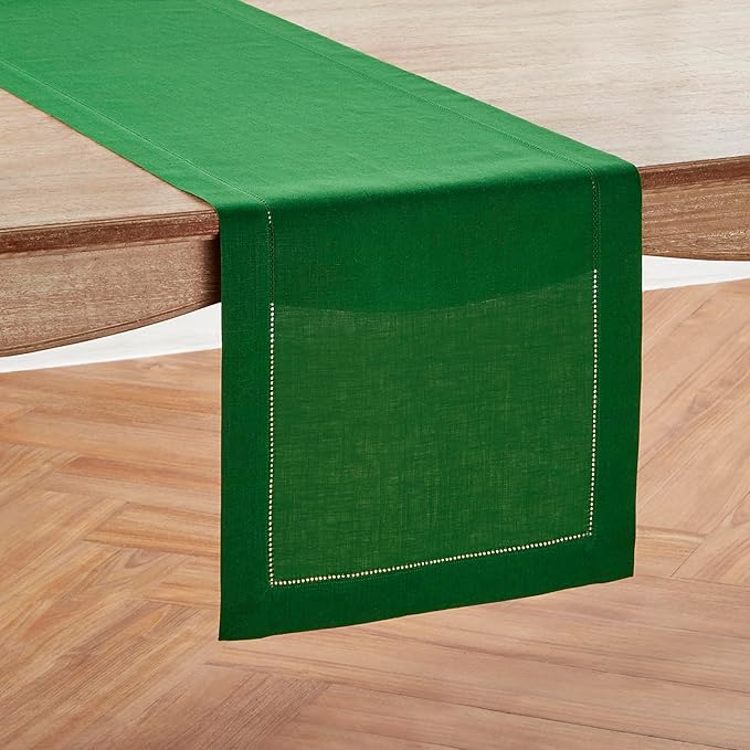 Solino Home Linen Garden Green Table Runner 90 Inches Long - 100% Pure Linen Hemstitch 14 x 90 Inch Table Runner for Dining, Christmas, Winter, New Year - Classic Hemstitch