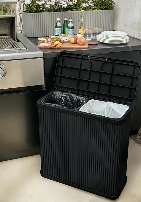 Veradek Tambour Series Outdoor Trash Can with Lid – All-Weather Waste Bin for Patio, Pool, BBQs & Parties | Durable Dual Bag System up to 30 Gallons | Modern Design for Backyard or Deck