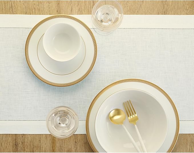 Solino Home Linen Ivory Table Runner 144 Inches Long - 100% Pure Linen Extra Long Table Runner 14 x 144 Inch for Christmas, New Year - Classic Hemstitch