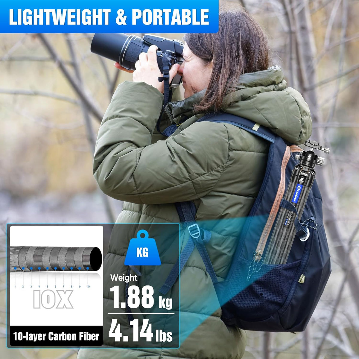 71" Travel Tripod Carbon Fiber for Camera, Compact Lightweight Tripod with 360°Panorama Ball Head,QR Plate, Removable Center Column, Load up to 15kg/33lbs