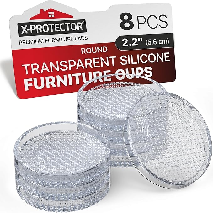 X-Protector Furniture Cups - 8 PCS 2.2" - Non Slip Furniture Pads for Hardwood Floors - Transparent Floor Protectors - Bed Stoppers to Prevent Sliding - Keep Furniture from Sliding on Floor! (Round)