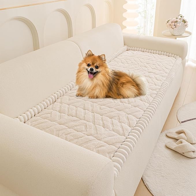 OTOB All Season Couch Cover for Dogs Washable, Non Slip Fuzzy Plush Pet Couch Covers Kids Pet Friendly, Geometric Jacquard Modern Soft Loveseat Sofa Slipcovers Protectors (White, 27.6"x59.1")