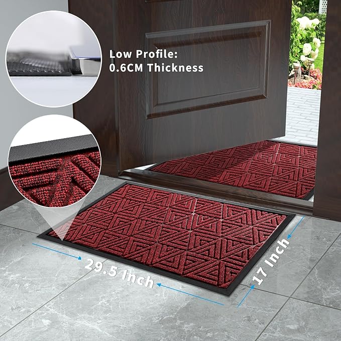 Yimobra Outdoor Mats for Front Door 29.5x17, All-Weather Waterproof Non-Slip Outdoor Door Mat Outside Eentrance, Garage/Patio Entryway Indoor Doormat, Easy Clean, Black Red
