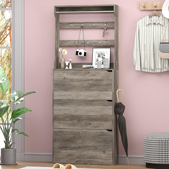 Shoe Cabinet with 3 Flip Drawers & Coat Rack, Narrow Hidden Shoe Storage Cabinet, 2-in-1 Hall Tree Slim Freestanding Shoe Rack Organizer for Entryway, Hallway, and Living Room