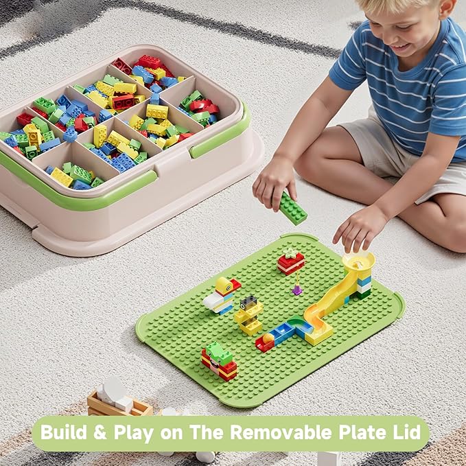 Toy Storage Organizer Box with Handle, Stackable Building Block Toy Box with Building Plate Lid & Removable Sorting Trays, Cubby Bins and Containers 3 Layer (Green)
