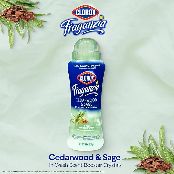 Clorox Fraganzia Laundry Scent Booster Crystals in Cedarwood & Sage Scent - Scented In-Wash Freshener Beads for Fresh, Clean, Great Smelling Clothes and Linens, 18 Oz - 2 Pack