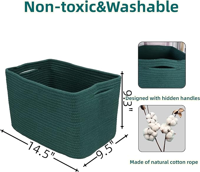 Cotton Rope storage Basket Bins14.5X9.5X9.3“ Basket for Organizing Shelves Rectangle Decorative Baskets For storage Clothes Toys Books Towels Square Wicker Nursery basket organizer 3 pack Dark green