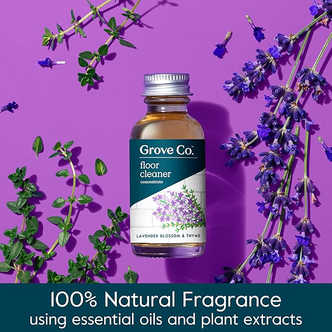 Grove Co. Floor Cleaner Refill Concentrate (2 x 1 Oz) + 1 x Durable Glass Spray Bottle (16 Oz) Plant-Based Cleaning Supplies Bundle, No Plastic Waste, 100% Natural Lavender & Thyme Scent
