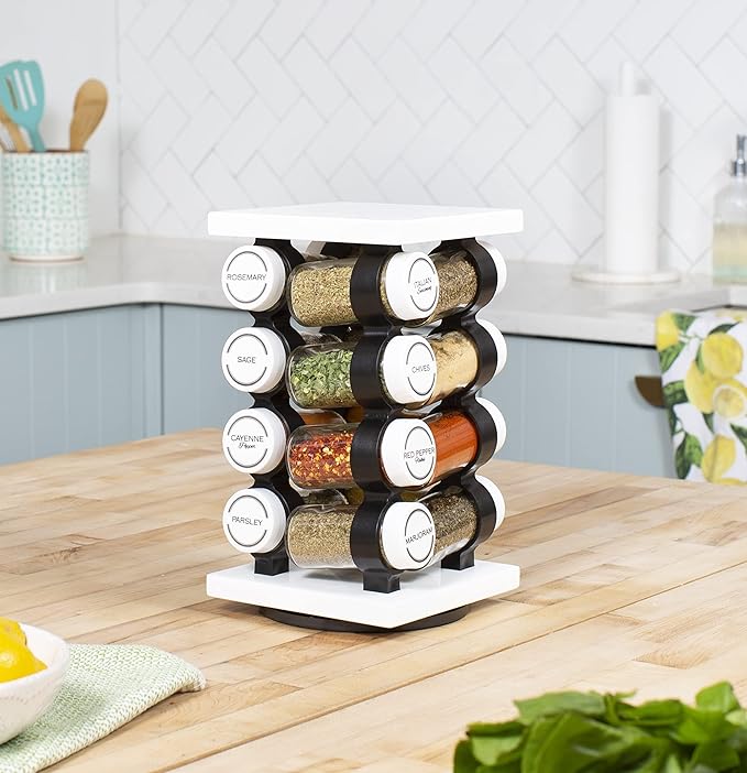 Orii Spice Rack 16 Jar Set White Filled with Spices - Rotating Standing Rack Shelf Holder & Countertop Spice Rack Tower Organizer for Kitchen Spices