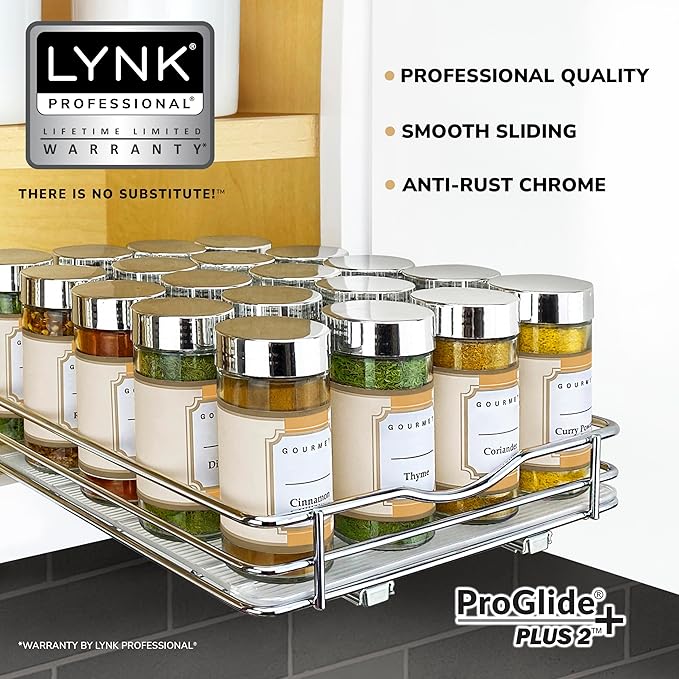 LYNK PROFESSIONAL® Pull Out Spice Rack Organizer for Inside Kitchen Cabinets - 8-1/4 inch Wide - Slide Out Drawer – Chrome Sliding Spice Cabinet Organization Shelf Racks - 1 Tier