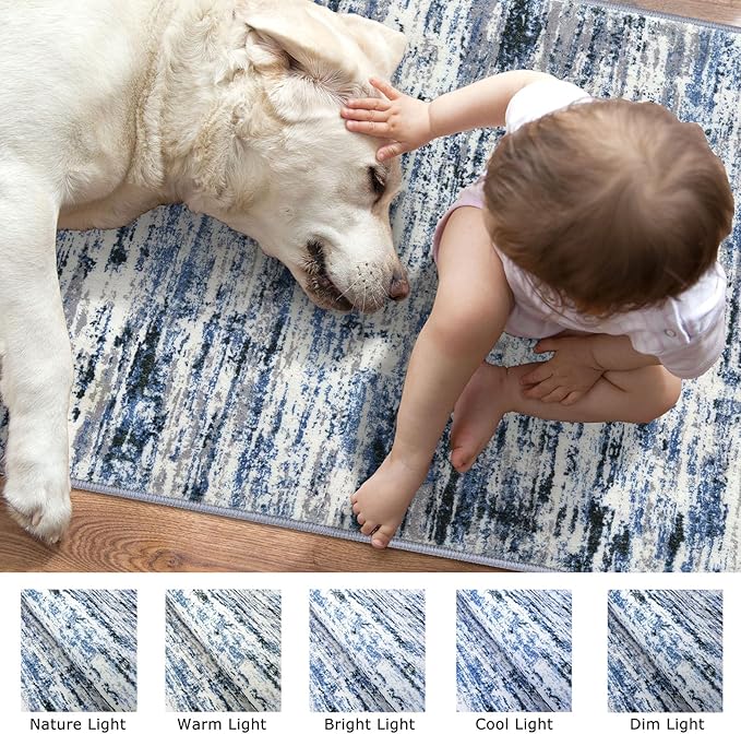 Modern Abstract 9x12 Large Machine Washable Living Room Rug Non-Slip Soft Bedroom Area Rug Grey Blue White Thin Print Faux Wool Carpet Throw Rugs for Nursery Playroom Dining Room Indoor