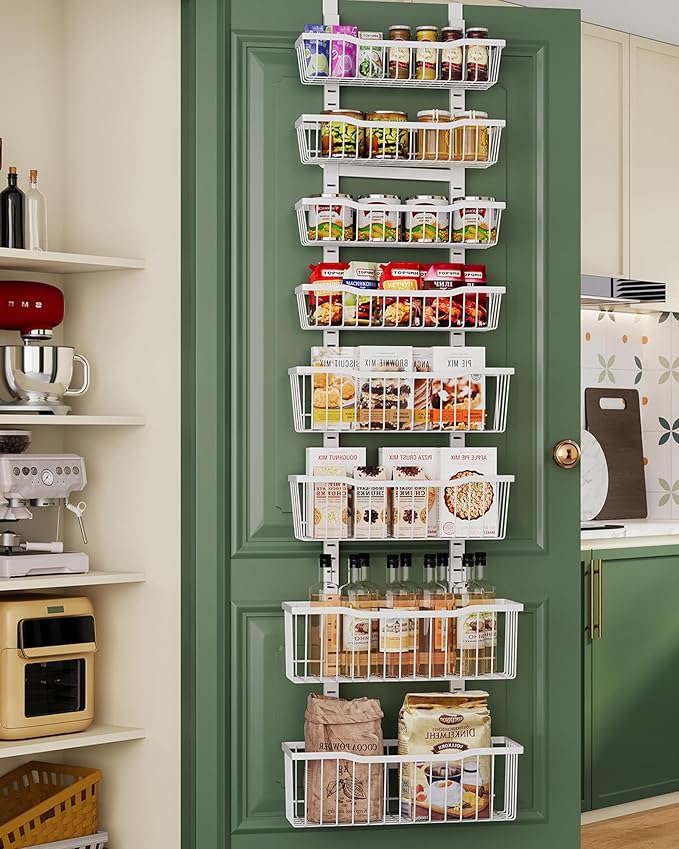 Over The Door Organizer，8-Tier Over The Door Pantry Organizer with Adjustable Baskets，Metal Hanging Pantry Organizers and Storage for Kitchen, Back of Door Seasoning Rack (White)