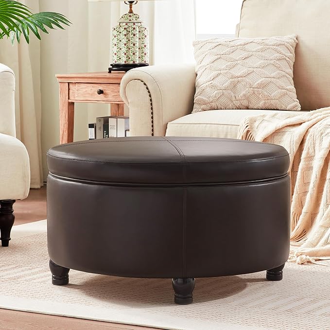 30-Inch Round Storage Ottoman, Modern Ottoman Coffee Table with Removable Top for Living Room, Bedroom, Office (Brown)
