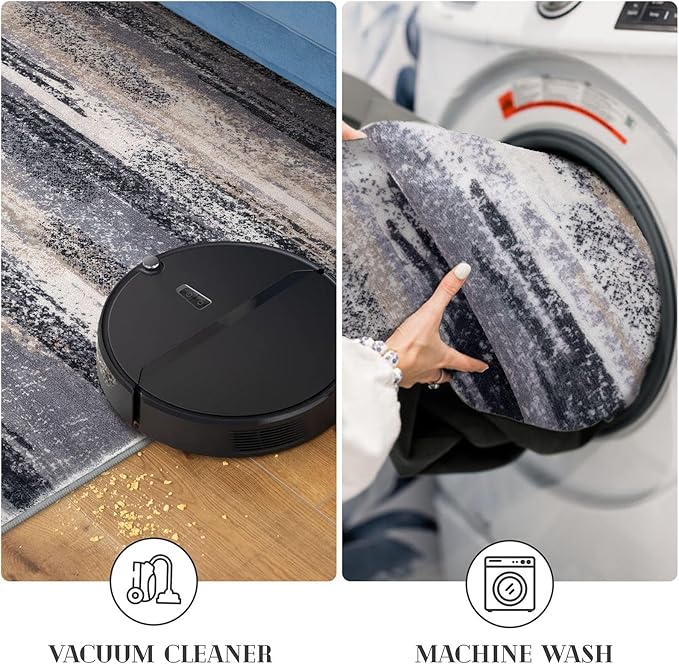 Modern Abstract Runner Rug 2x6, Grey Black Multi Washable Kitchen Runner Non-Slip Soft Hallway Rug Runner Thin Print Faux Wool Carpet for Entryway Bedroom Laundry Room Indoor