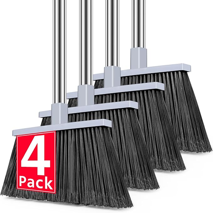 PBHEPJ Broom, 4 Pack Outdoor Broom for Floor Cleaning, 58" Long Stainless Steel Handle, Hard Bristle Angle Broom for Sweeping Indoor, Commercial, Industrial, Garage, Kitchen