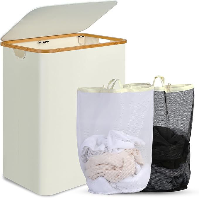 efluky Laundry Hamper with Lid, 160L Tall Laundry Basket with Bamboo Handles for Clothes and Toys, Collapsible Laundry Hamper with 2 Inner Bags for Bedroom and Bathroom, Beige