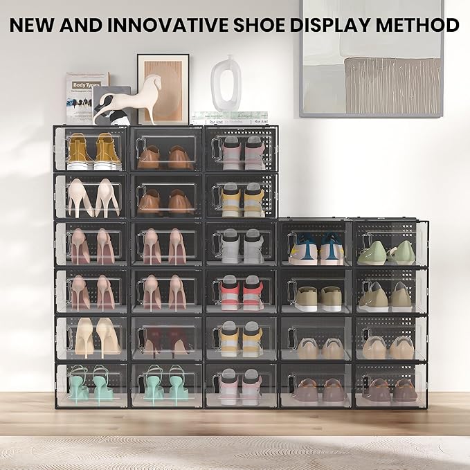 12 Pack XX-Large Modular Clear Plastic Stackable Shoe Storage Organizer for Closet, Space Saving Versatile Sneaker Shoe Rack Containers Bins Holders, Portable Closet Organizers and Storage, Black