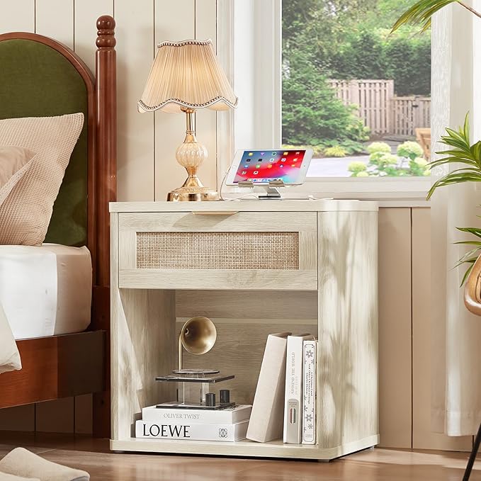LEYAOYAO Rattan Nightstand with Charging Station, 23" Wide Boho Night Stand with Drawer, Grey White Bedside Table Open Storage Cabinet, Bed Side End Tables Dresser for Bedroom, Living Room, Hallway