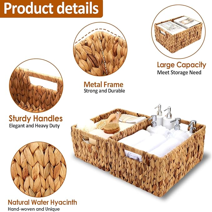 Wicker Baskets 2 Pack, Water Hyacinth Rectangular Storage Basket with Handles, Large for Organizing, Natural