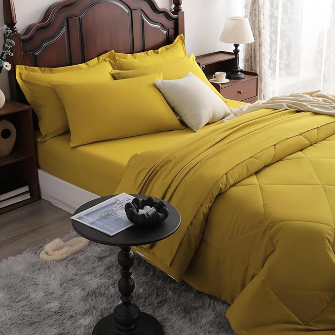 NTBAY King Comforter Set with Sheets, 7 Pieces Soft and Breathable King Bedding Set, Bed in a Bag, Down Alternative Comforter Set Solid Color All Season, King Bedding Set, Yellow