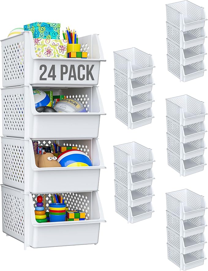TidyFriend Plastic Stackable Bins for Pantry, 24 Pack Large Stacking Bins Open Front Kitchen, and Bathroom Organization, Open Front Design (White)