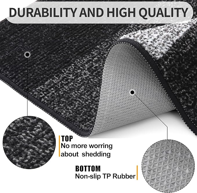 Kitinjoy Indoor Outdoor Door Mat, 47x24 Non-Slip Absorbent Dirt Trapper, Low-Profile Washable Inside Entrance Front Floor Mat, Sturdy Soft Entry Doormats for Entryway, Black