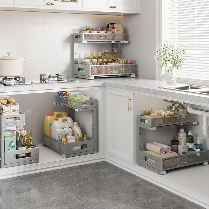 1 Pack-11.4"-16.14" H Under Sink Storage Organizer, Large 2-Tier Elegant Mesh Pull Out Shelf for Kitchen & Bathroom Cabinet Organization, L-Shaped, Adjustable Height-Gun Gray