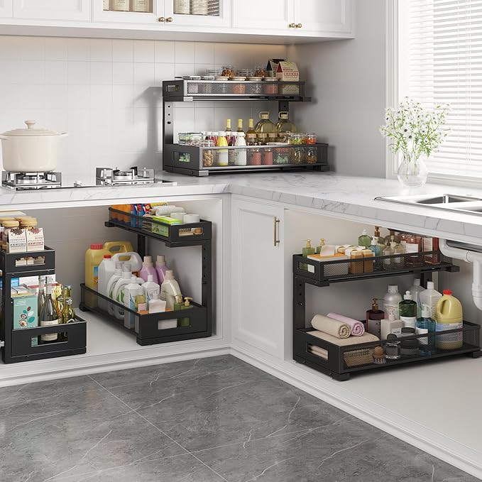 1 Pack 19IN Depth Under Sink Storage Organizer, Large 2-Tier Elegant Mesh Pull Out Shelf for Kitchen and Bathroom Cabinet Organization, L-Shaped and Adjustable Height Design-Black