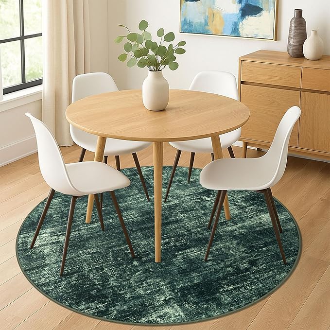 IOHOUZE Abstract Round Area Rug 6 Ft Washable Circle Rugs Large Round Rug Non Slip Thin Soft Circle Rugs, Printed Faux Wool Floor Carpet for Bedroom Living Room Dining Room Nursery, Dark Green