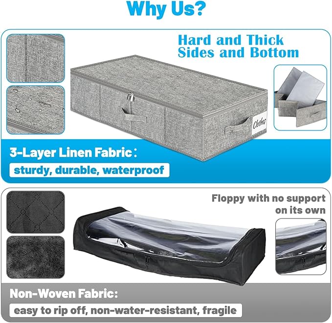Under Bed Storage Container Bin 3 Pack, Low Profile Foldable Underbed Clothes Storage Organizer W/ Ultra Thick Fabric and Sturdy Bottom/Sides, Dual Zipper Storage Box for Dorm and Home 30x16x6.7"