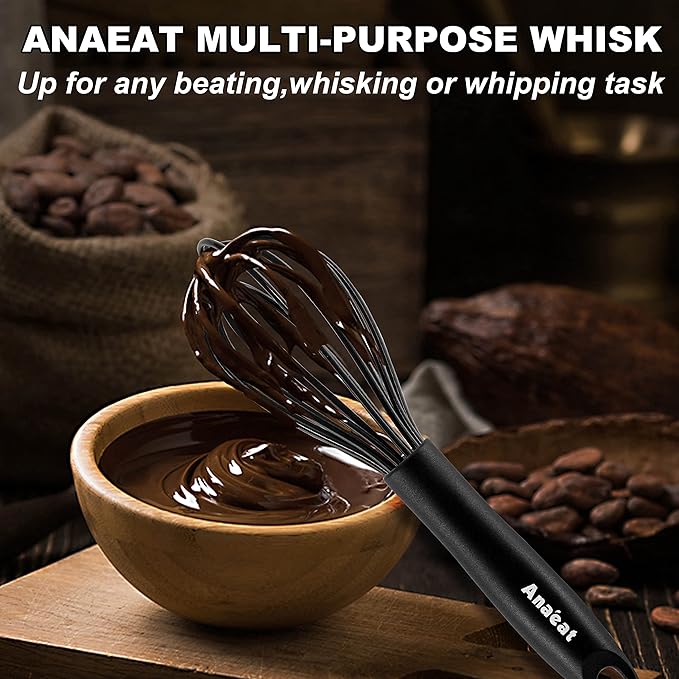 Anaeat Kitchen Whisk Set of 5, Perfect for Non-Stick Cookware, Egg Beater Milk Blender for Whisking, Cooking, Baking - 5"+7" Mini Wire Whisk and 8.5''+10.5''+12'' Silicone Balloon Whisks (Black)
