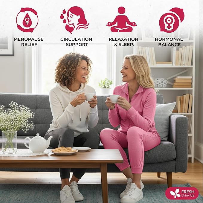 FreshDrinkUS, 40 Tea Bags - Menopause Support Herbal Tea – Soothing Blend with Rhubarb, Hibiscus, Valerian, Passiflora, Ashwagandha, Fennel & Chamomile, Caffeine-Free, Vegan, Non-GMO