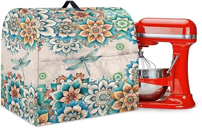 Stand Mixer Covers Compatible with 4.5-5 Quarts Boho Flower with Dragonfly Kitchen Aid Stand Mixer Dust Protector Cover Organizers with Handle Pocket
