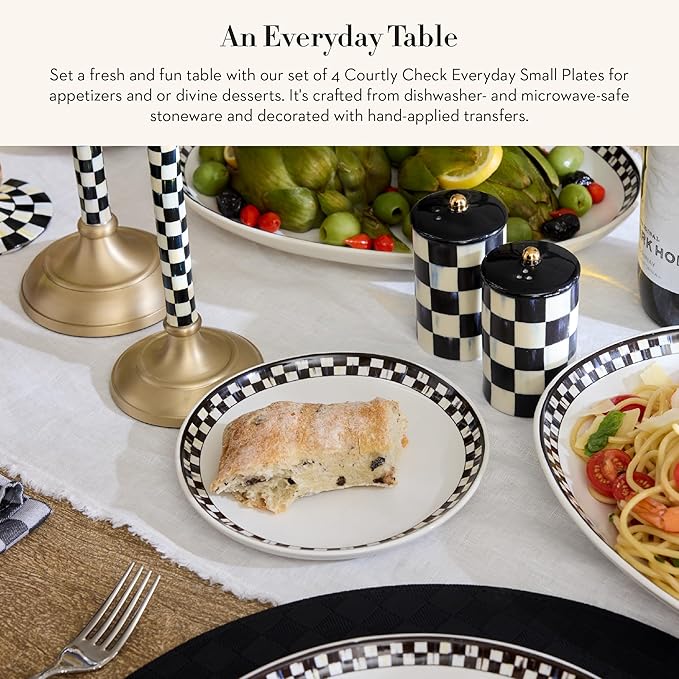 MACKENZIE-CHILDS Set of 4 Everyday Small Plates, Microwave-Safe and Dishwasher-Safe Stoneware Salad Plates, Black-and-White Courtly Check