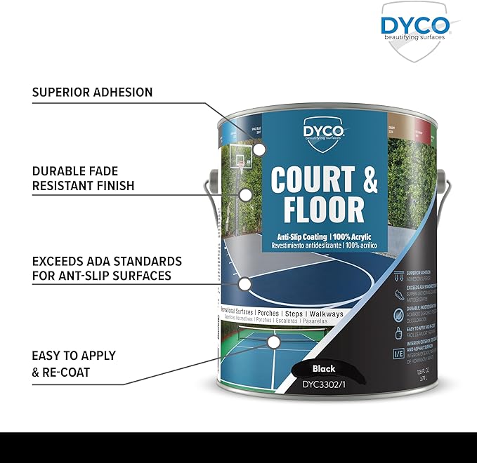 DYCO Court & Floor Anti-Slip Coating - Slip-Resistant Pavement, Cement & Concrete Paint for Pickleball, Tennis & Basketball Courts, Exceeds ADA Standards for Safety Areas (Black, 1 Gallon)