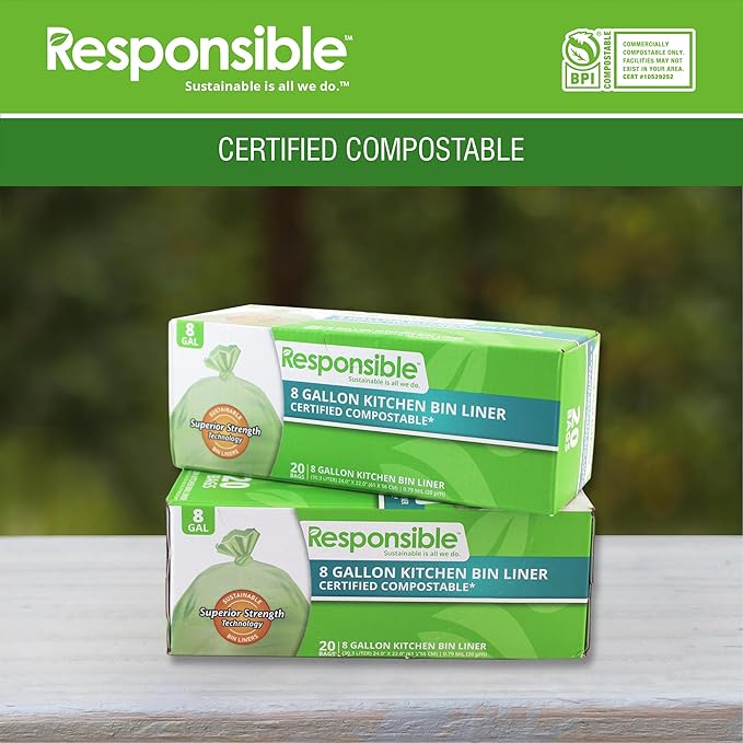 Responsible Products Kitchen Bin Liners, Certified Compostable, Heavy Duty Multipurpose Food Scrap Bags, Made from Compostable Materials (8 Gallon, 8 Gallon (20 Count))