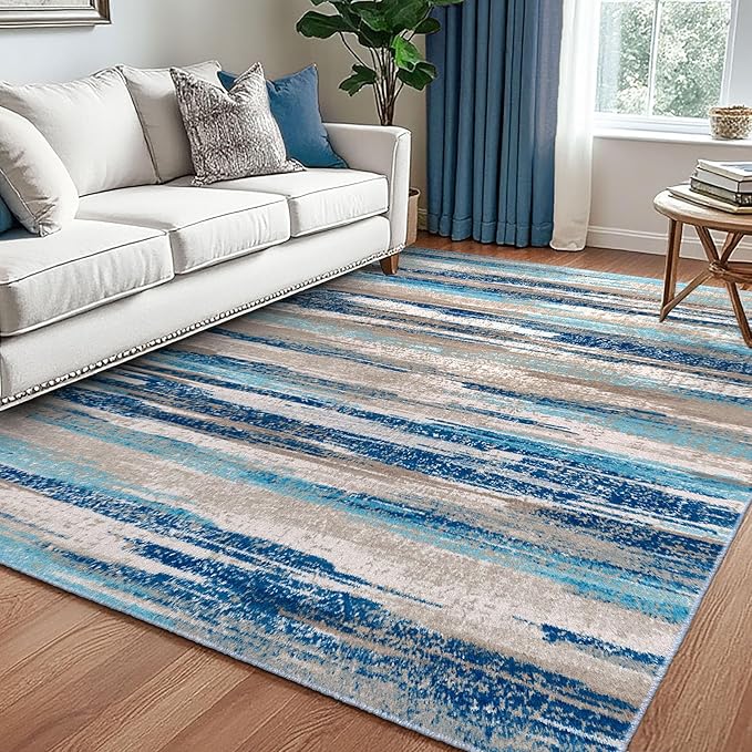 Modern Abstract 5x7 Machine Washable Area Rug Non-Slip Soft Bedroom Living Romm Rug Blue Ultra Thin Print Faux Wool Floor Carpet Throw Rugs for Nursery Playroom Dining Room Indoor Office