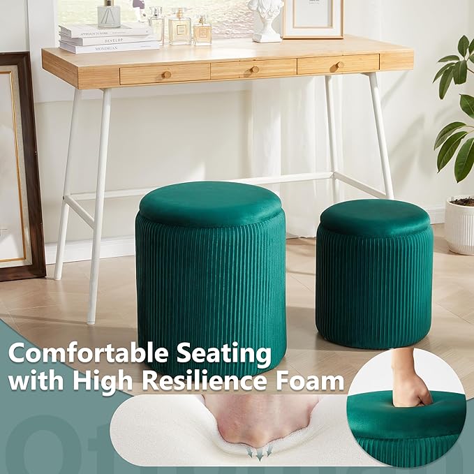 Royal Windsor Round Ottoman with Storage Set of 2,Vanity Stool with Storage for Bedroom, Ottoman Coffee Table, Small Velvet Foot Stool for Living Room, Green