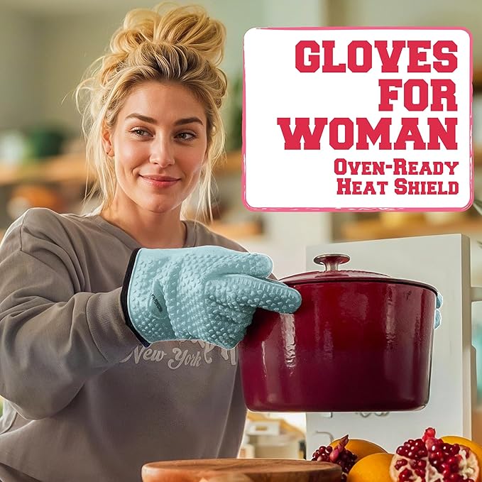 KITCHEN PERFECTION S Silicone Smoker Oven Gloves for Women -Extreme Heat Resistant BBQ Gloves -Handle Hot Food Right on Your Grill Fryer |Waterproof Oven Mitts for Cooking |Superior Set+3 Bonuses
