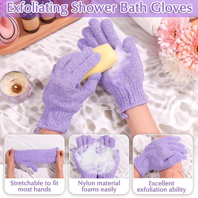Anezus Exfoliating Back Scrubber Bath Gloves Set, Exfoliating Shower Towel with Shower Gloves for Body Scrub, Back Cleaner Wash Gloves to Remove Dead Skin (Purple)